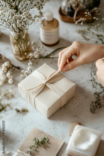 Hands wrapping a gift with natural materials, surrounded by dried flowers and skincare products, creating an eco-friendly and thoughtful presentation