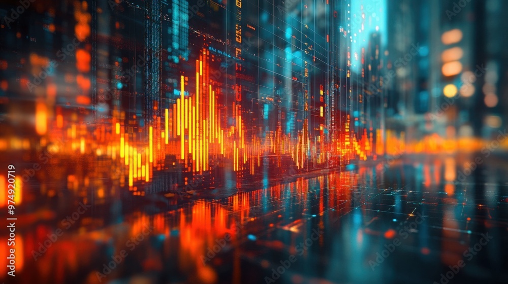 Obraz premium A detailed depiction of fluctuating financial data visualizations with glowing orange and blue bar graphs in a digital futuristic environment.