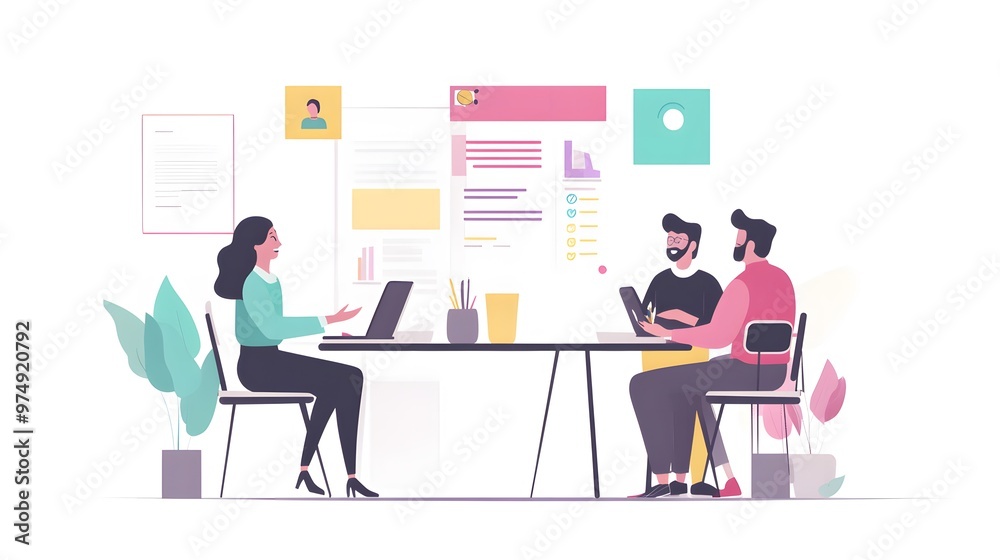 Business Meeting with Woman and Two Men at a Table with Laptops Business Meeting with Woman and Two Men at a Table with Laptops