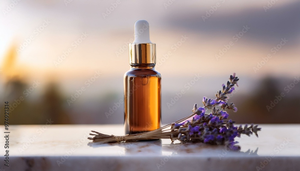 A roll-on bottle of calming essential oils on a clean, white marble surface, a single lavender A roll-on bottle of calming essential oils on a clean, white marble surface, a single lavender