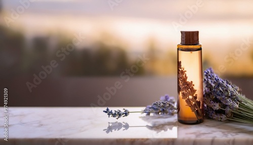  A roll-on bottle of calming essential oils on a clean, white marble surface, a single lavender