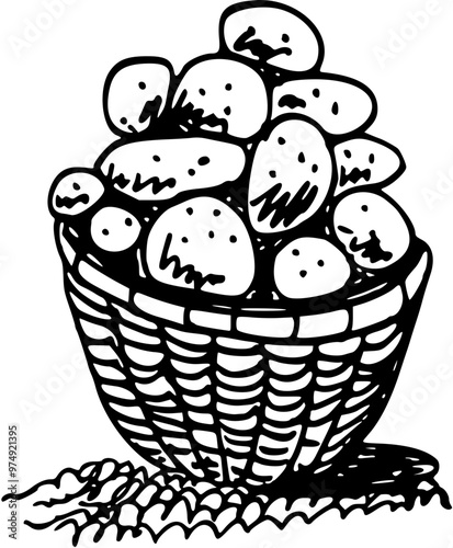 Hand drawn sketch style illustration of ripe potatoes, heap, sliced pieces. Eco food vintage vector illustration