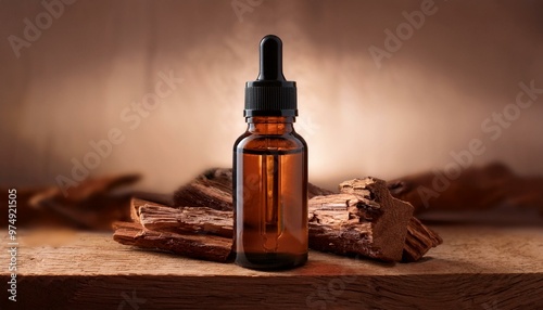 Sandalwood essential oil bottle surrounded by smooth wooden elements and warm-toned lighting