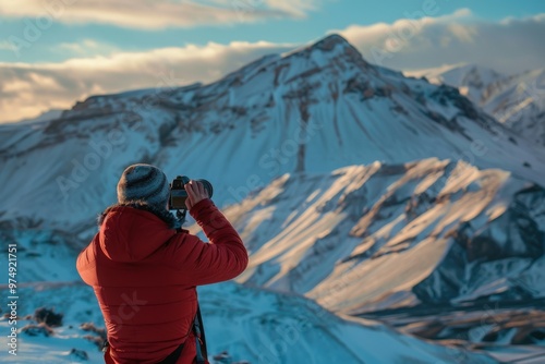 Wallpaper Mural A man is taking a picture of the mountains with his camera, generative ai image Torontodigital.ca