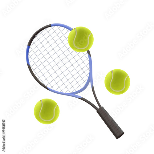 Tennis racket and balls 3D illustration in realistic cartoon style. Tennis racket with tennis balls isolated on white