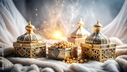 Gold and treasures with glowing lanterns, symbolic gifts of the Magi, festive Christmas scene