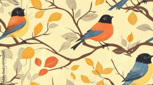 Seamless pattern of birds on a branch with a yellow background photo