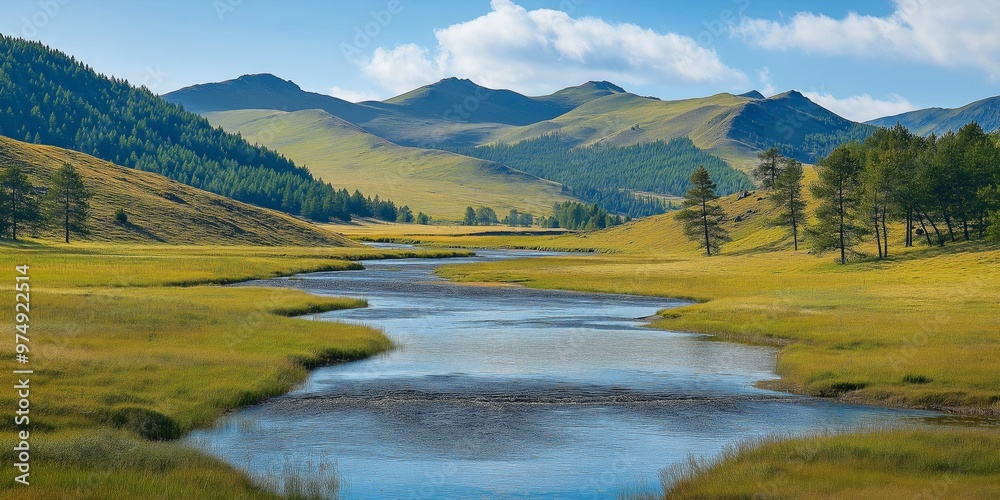 A river runs through a grassy plain with mountains in the background. The scene is peaceful and serene, with the water reflecting the surrounding landscape A river runs through a grassy plain with mountains in the background. The scene is peaceful and serene, with the water reflecting the surrounding landscape