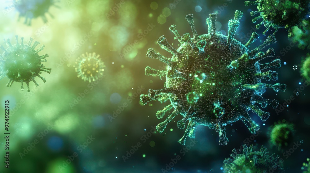 A pixelated virus spreading through a digital landscape, soft blues and greens in the background, depth of field effect, blending biological and technological elements.