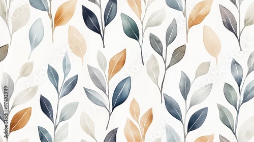 A repeating pattern of watercolor leaves in soft green, blue, light brown, and gray hues on a minimalistic white background