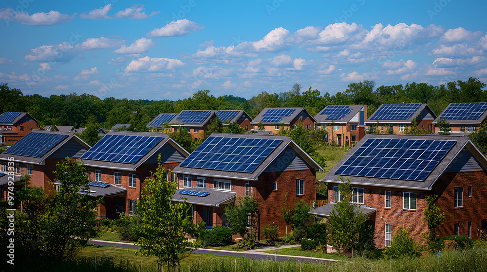 Sustainable homes with solar panels installed on rooftops showcase commitment to renewable energy and eco friendly living. bright blue sky enhances vibrant scene Sustainable homes with solar panels installed on rooftops showcase commitment to renewable energy and eco friendly living. bright blue sky enhances vibrant scene