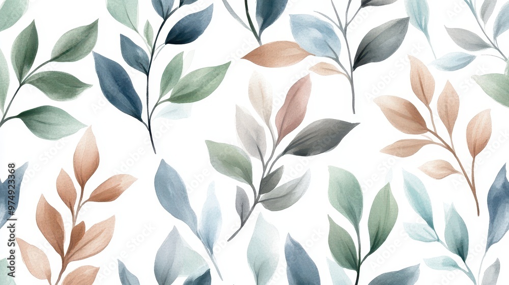 A seamless watercolor pattern featuring green, blue, light brown, and gray leaves on a crisp white background, delicate brush strokes and soft colors A seamless watercolor pattern featuring green, blue, light brown, and gray leaves on a crisp white background, delicate brush strokes and soft colors