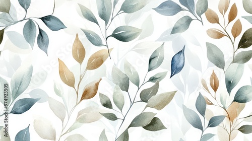 A seamless watercolor pattern featuring green, blue, light brown, and gray leaves on a crisp white background, delicate brush strokes and soft colors
