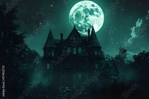 cemetery on halloween night with evil pumpkins, bats and in the background a haunted castle and the full moon. Halloween Banner illustration