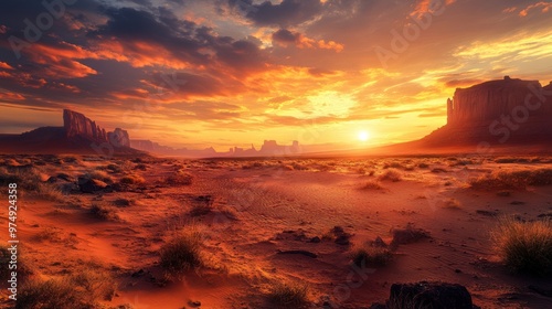 A breathtaking sunset over a vast desert landscape with towering rock formations in the distance.