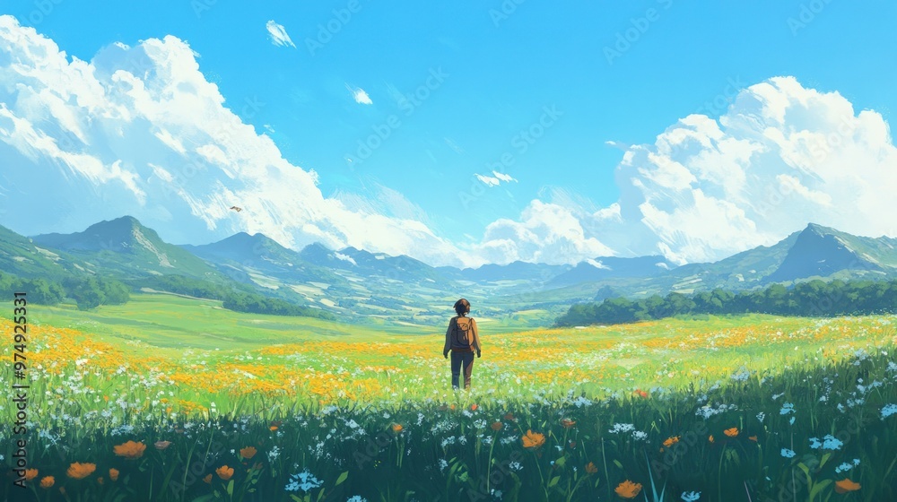 A lone figure walks through a field of wildflowers, surrounded by mountains and a blue sky with fluffy clouds. A lone figure walks through a field of wildflowers, surrounded by mountains and a blue sky with fluffy clouds.