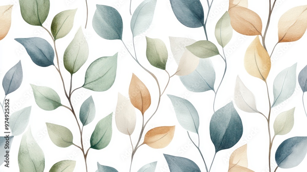 A subtle arrangement of watercolor leaves in green, blue, light brown, and gray tones, repeating on a seamless white background A subtle arrangement of watercolor leaves in green, blue, light brown, and gray tones, repeating on a seamless white background