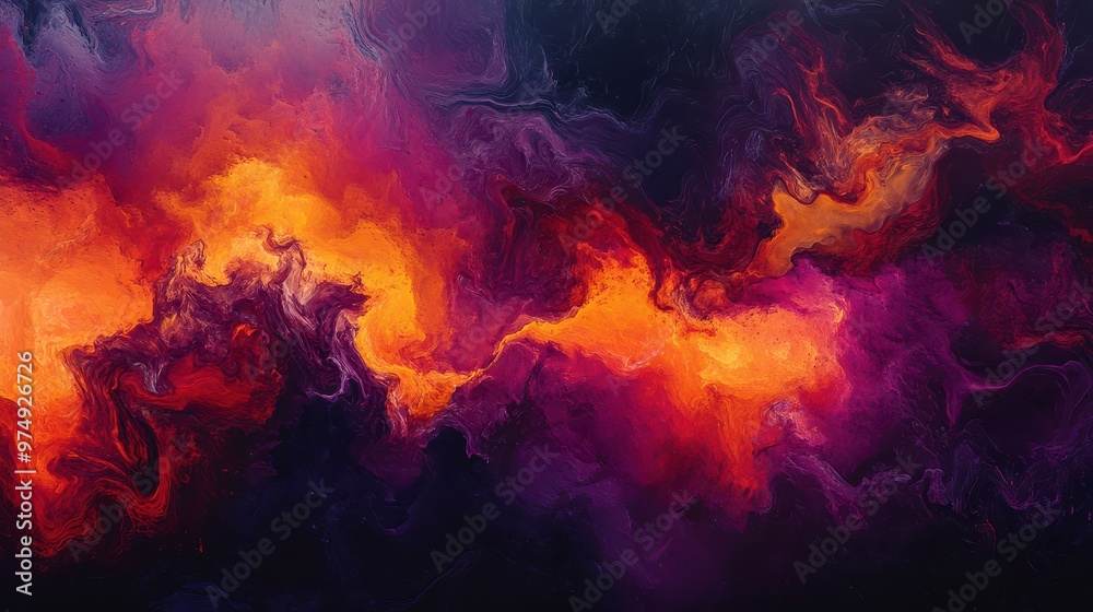 Abstract burst of fiery reds and oranges mixing with deep purples against a dark backdrop Abstract burst of fiery reds and oranges mixing with deep purples against a dark backdrop