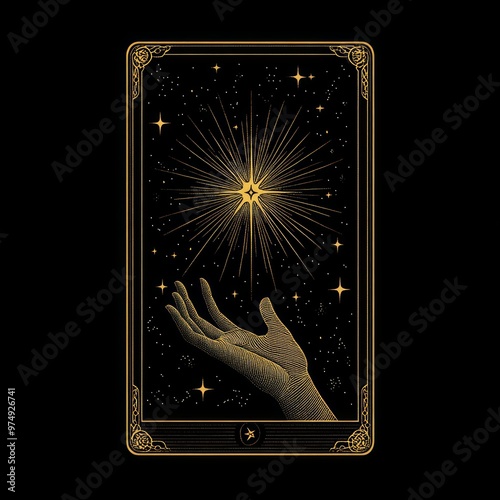 A hand reaching towards a radiant star in space. photo