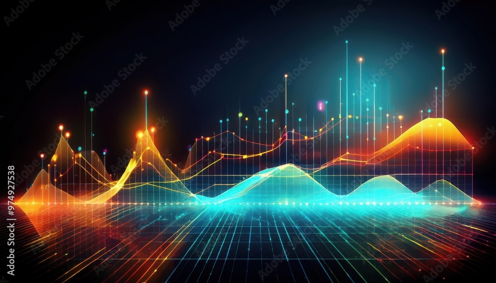 Vibrant data visualization with colorful peaks and valleys representing dynamic statistics and analytical insights. Vibrant data visualization with colorful peaks and valleys representing dynamic statistics and analytical insights.