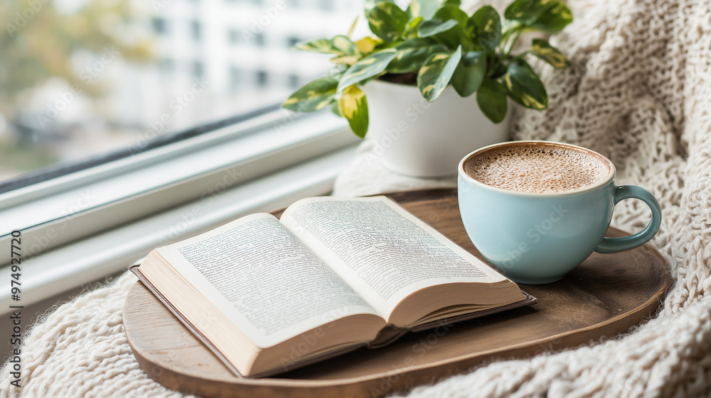 A cozy corner with hot drink, book, and plant creates warm atmosphere A cozy corner with hot drink, book, and plant creates warm atmosphere