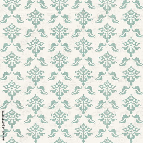 A repeating floral pattern in soft green and cream tones, suitable for wallpaper or fabric design.