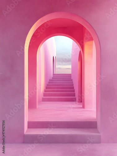 Pink arched doorway leading to stairs and hallway, surreal minimalist interior design concept