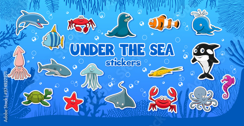 Cartoon underwater animal stickers and undersea fishes, vector icons. Underwater characters stickers of funny seal, ocean dolphin and sea turtle with octopus and seahorse or starfish and whale