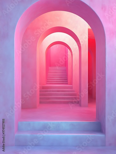 Pink archway hallway with stairs leading to unknown destinations. Surreal and abstract architecture.