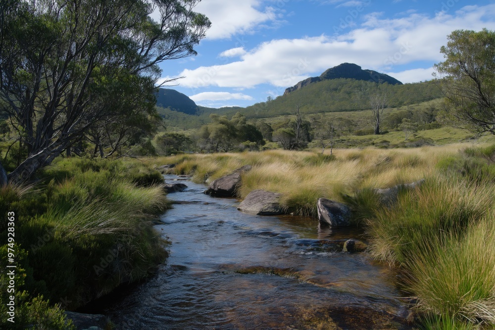 A river runs through a lush green field with a clear blue sky above. The scene is peaceful and serene, with the water flowing gently and the trees providing a sense of calm A river runs through a lush green field with a clear blue sky above. The scene is peaceful and serene, with the water flowing gently and the trees providing a sense of calm