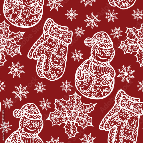 A festive pattern featuring mittens, a snowman, holly leaves, and snowflakes on a red background.