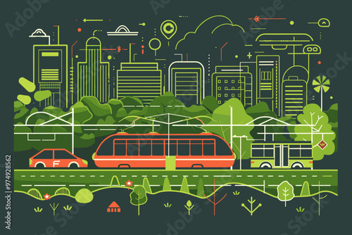 Sustainable Transportation with Green Public Transport Usage Outline Concept. Ecological Aviation, Zero Emission Buses, and Shared Mobility Vehicles Illustration.