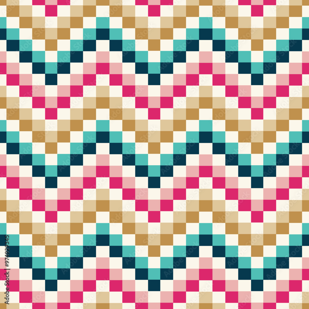 Fototapeta premium A colorful zigzag pattern featuring alternating waves of pink, teal, beige, and cream squares.