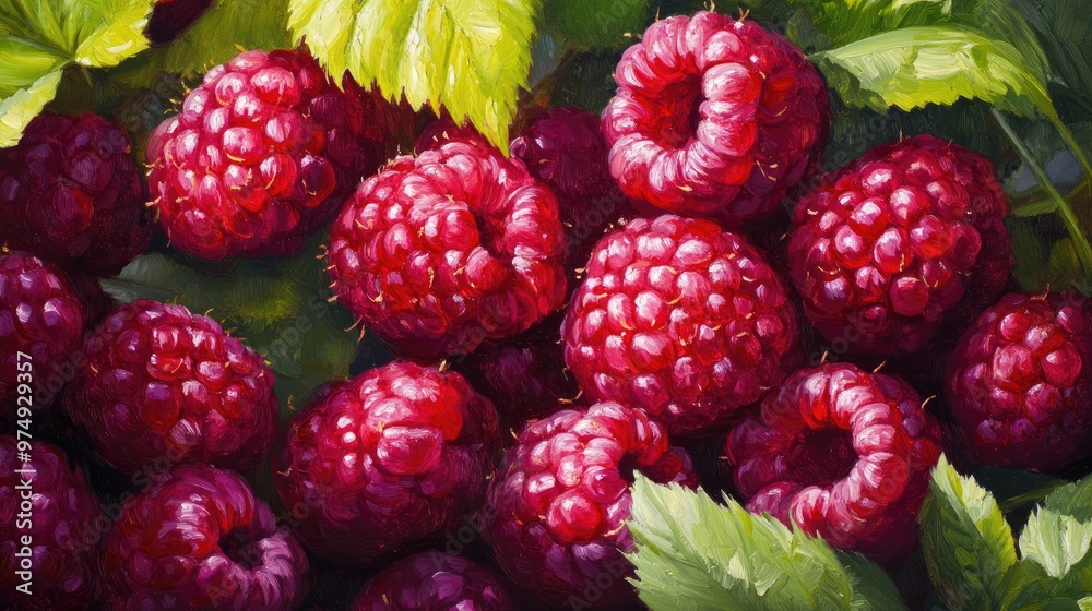 Oil painting showcasing ripe raspberries and vibrant berry fruits Oil painting showcasing ripe raspberries and vibrant berry fruits