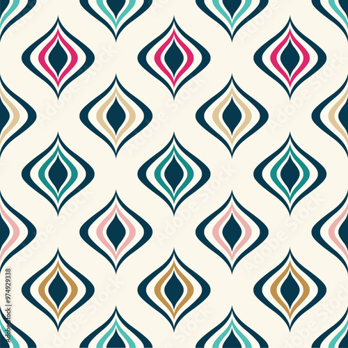 A colorful geometric pattern featuring stylized diamond shapes in various colors on a light background.