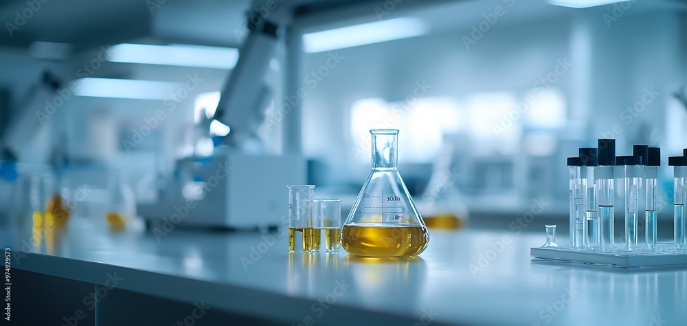 Close up of Erlenmeyer flask with yellow liquid on lab counter Close up of Erlenmeyer flask with yellow liquid on lab counter