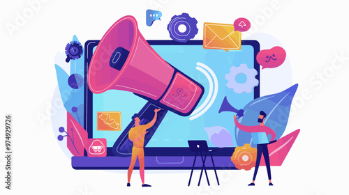 Marketing Automation for Advertising Campaign Management Tiny Person Concept. Effective, Smart, Productive Content Creation Using Technology for Automated Business Communication Vector Illustration.