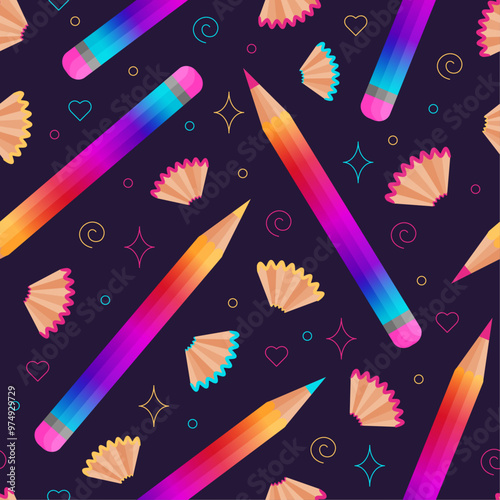 Seamless pattern of colored gradient pencils and pencil shavings on dark background with figures. Design for education, stationery decorative, gift wrapping and packaging. Vector illustration.