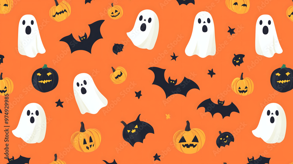 Pastel peach-colored simple cartoon Halloween background pattern with ghosts pumpkins bats on an orange background Pastel peach-colored simple cartoon Halloween background pattern with ghosts pumpkins bats on an orange background