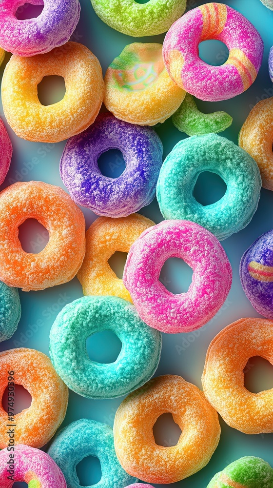 Vibrant multicolored cereal loop pattern with sugary coating and pastel background. Vibrant multicolored cereal loop pattern with sugary coating and pastel background.