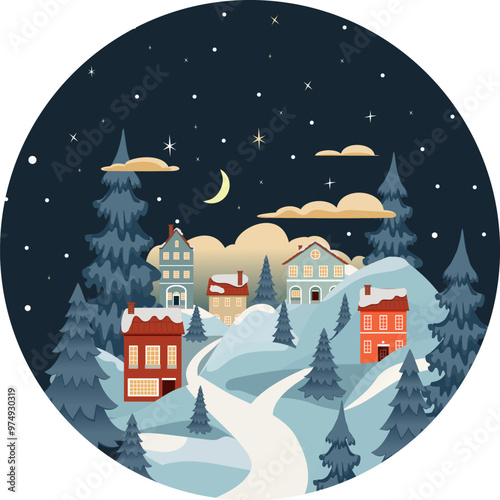 Winter landscape in flat style. The Christmas landscape. Vector illustration.
