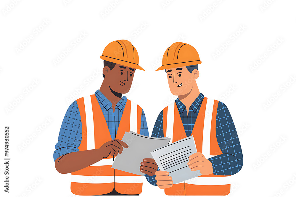 Two construction workers in hard hats and safety vests are reviewing ...