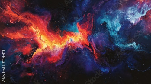 Abstract image of vibrant reds and oranges exploding into deep purples and blues, against a dark setting