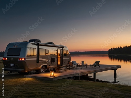 Cozy RV parked by a serene lake at sunset, peaceful evening escape