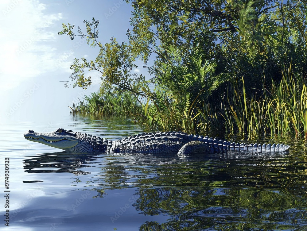 Crocodile relaxing in a serene tropical river with lush greenery and clear blue sky, Ai Generation Crocodile relaxing in a serene tropical river with lush greenery and clear blue sky, Ai Generation