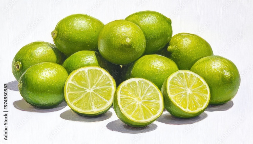 Lime citrus fruit depicted in an oil painting arranged as a set on a clean white background highlighting the citrus essence against an isolated backdrop Lime citrus fruit depicted in an oil painting arranged as a set on a clean white background highlighting the citrus essence against an isolated backdrop