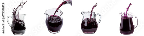 set of Pouring purple grape juice into a pitcher, jug of grape juice, purple grapes, pouring grape juice, jug of grape juice, stream of juice, cascading juice, jug withou, on a transparent backgrounds photo