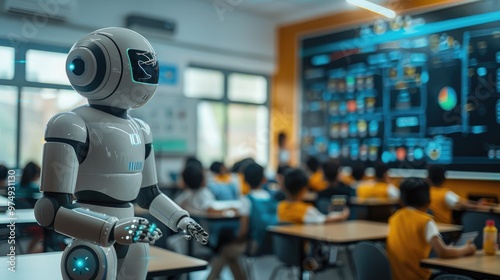 Robot assisting students in a modern classroom, symbolizing the integration of technology and education for a futuristic learning environment.