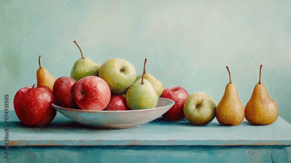 Still life oil painting featuring a close up arrangement of apples and pears on a light blue wooden table Still life oil painting featuring a close up arrangement of apples and pears on a light blue wooden table