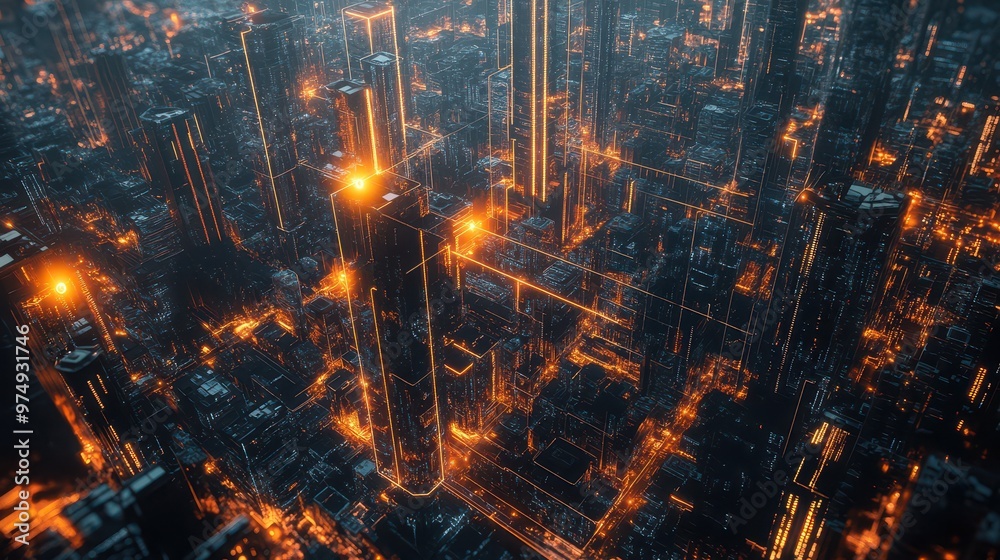 Obraz premium Aerial view of futuristic city with glowing data lines connecting towers and streets, symbolizing AI, automation, and digital transformation